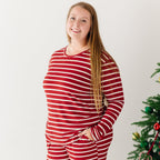 Red Wide Stripe Small Ribbed Women's Long Sleeve Top