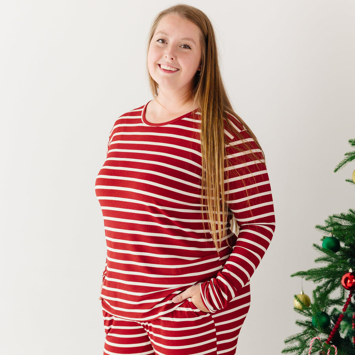 Red Wide Stripe Small Ribbed Women's Long Sleeve Top