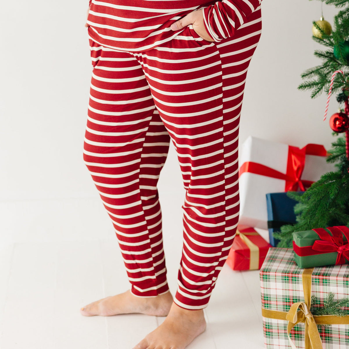 Red Wide Stripe Small Ribbed Women's Matching Set