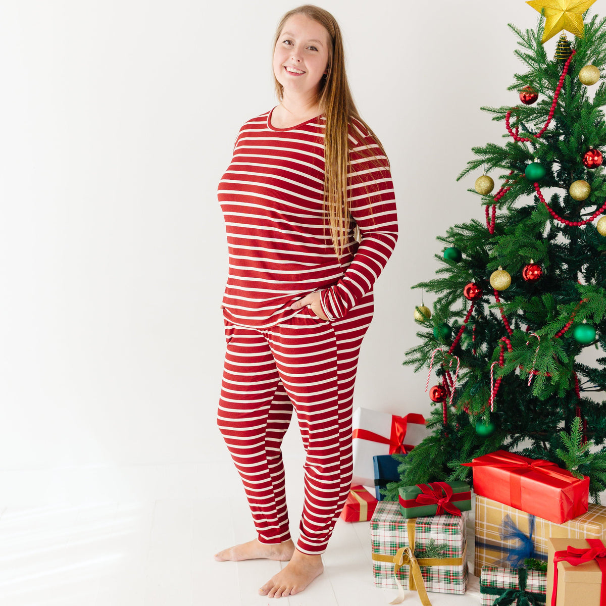 Red Wide Stripe Small Ribbed Women's Matching Set