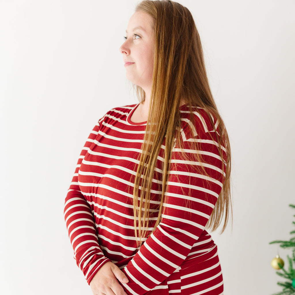 Red Wide Stripe Small Ribbed Women's Long Sleeve Top