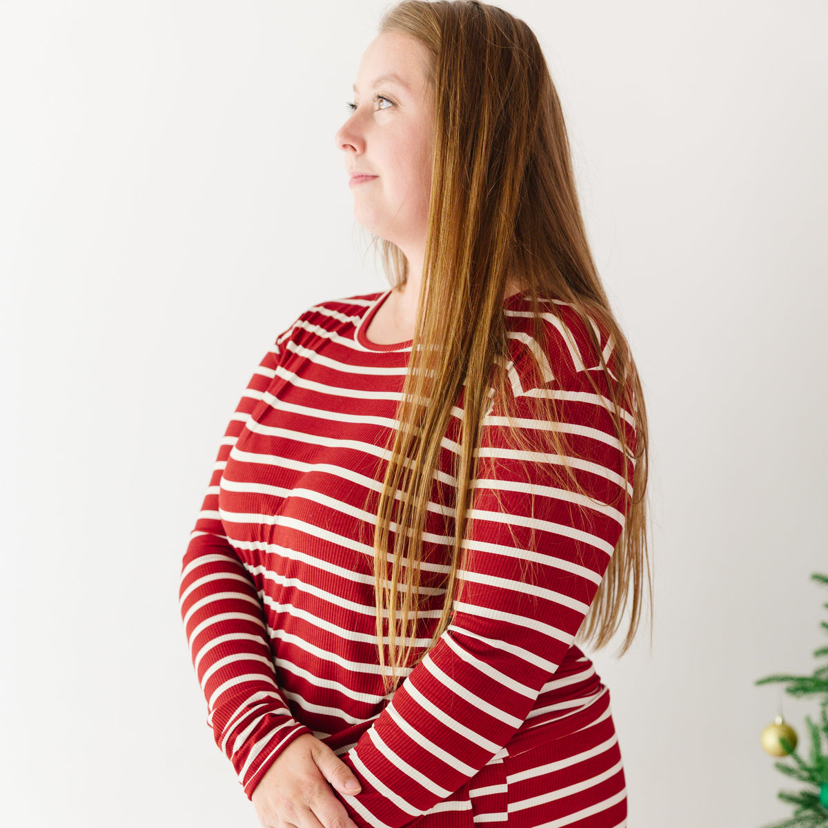 Red Wide Stripe Small Ribbed Women's Long Sleeve Top