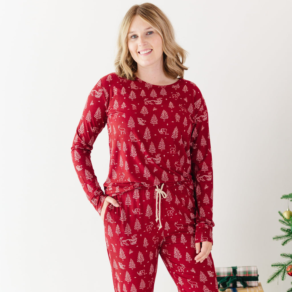 Reindeer & Santa Sleigh Small Ribbed Women's Long Sleeve Top