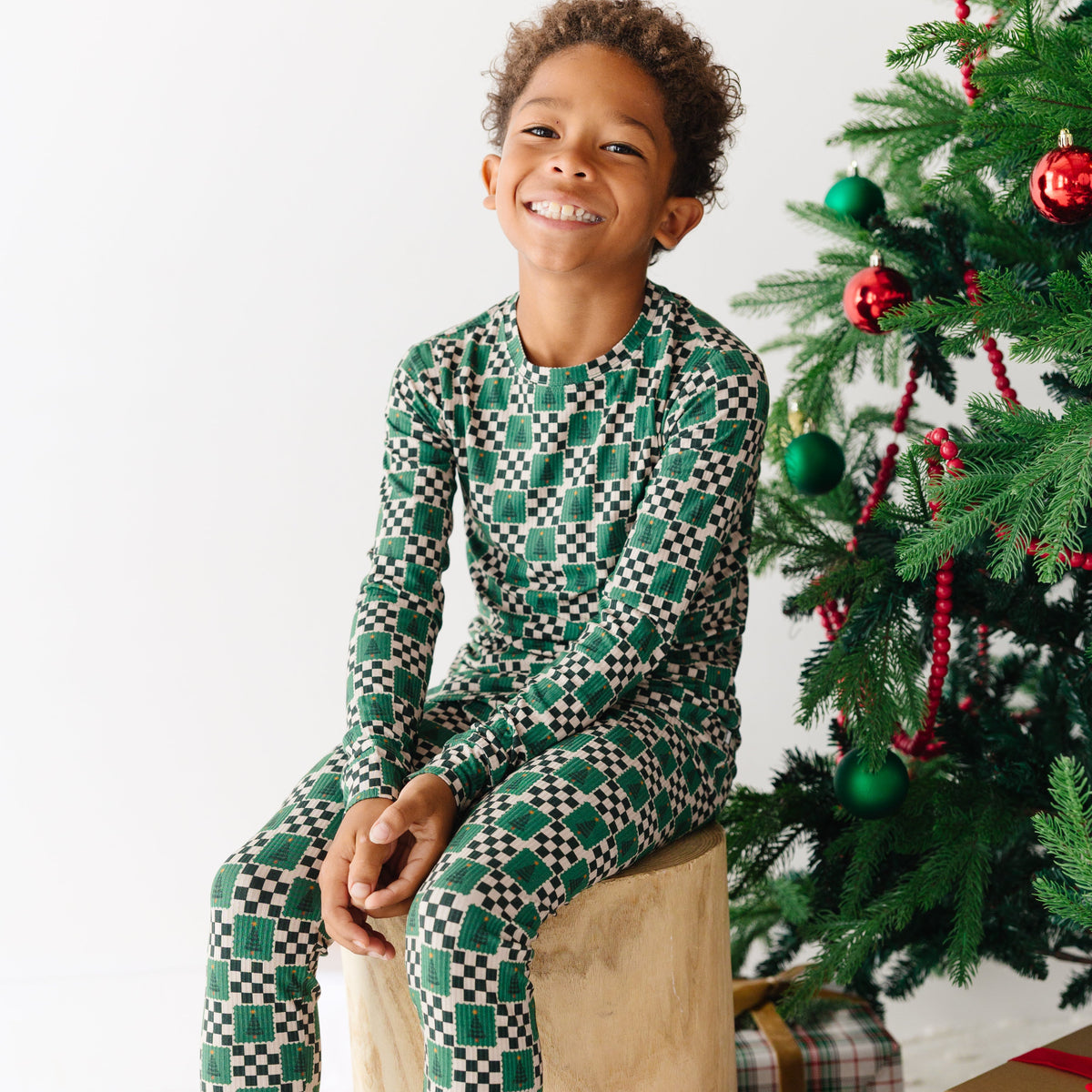 Checkered Christmas Trees Small Ribbed Two-Piece Set