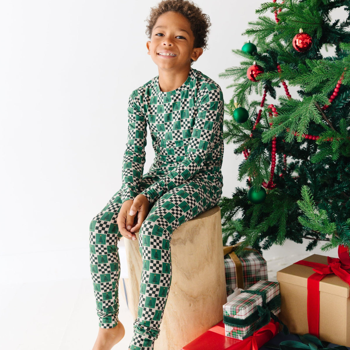 Checkered Christmas Trees Small Ribbed Two-Piece Set