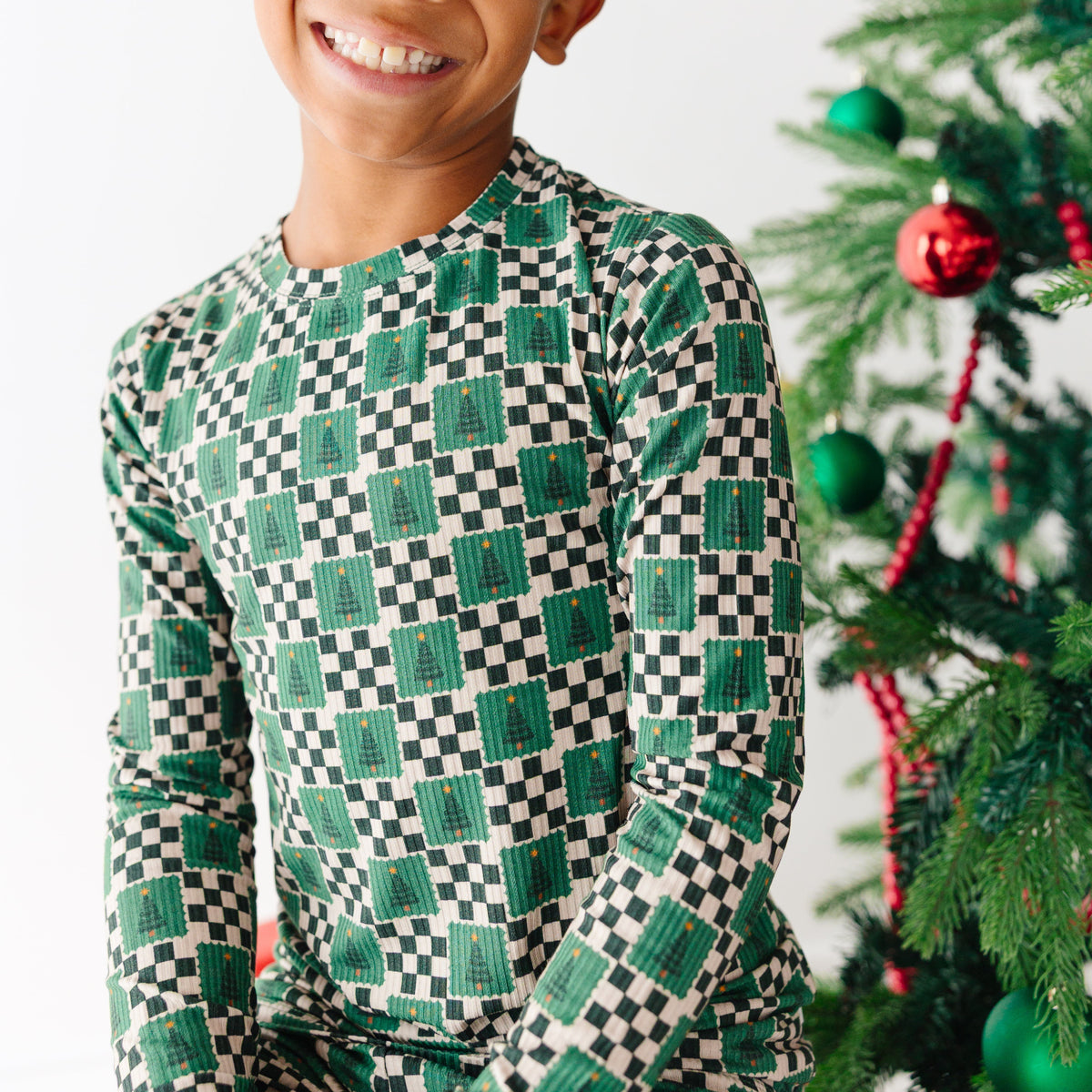 Checkered Christmas Trees Small Ribbed Two-Piece Set