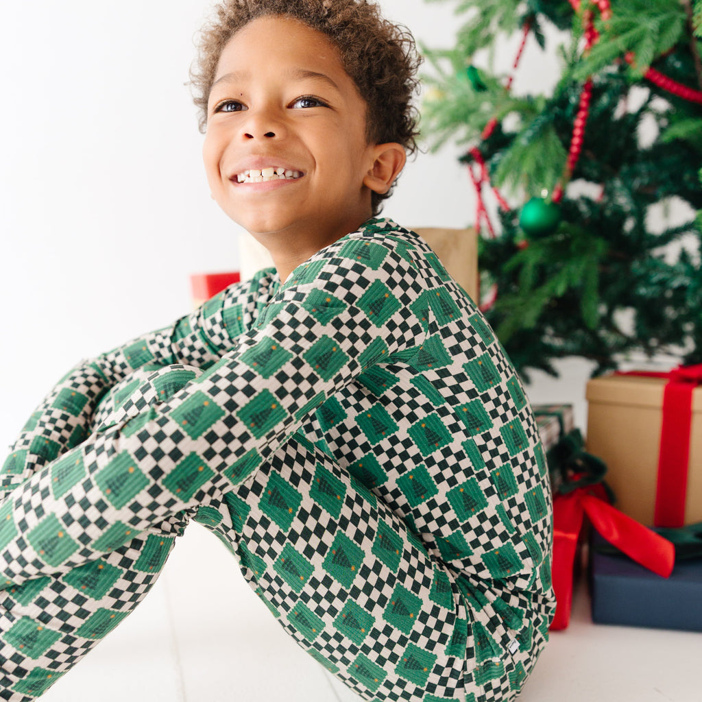 Checkered Christmas Trees Small Ribbed Two-Piece Set