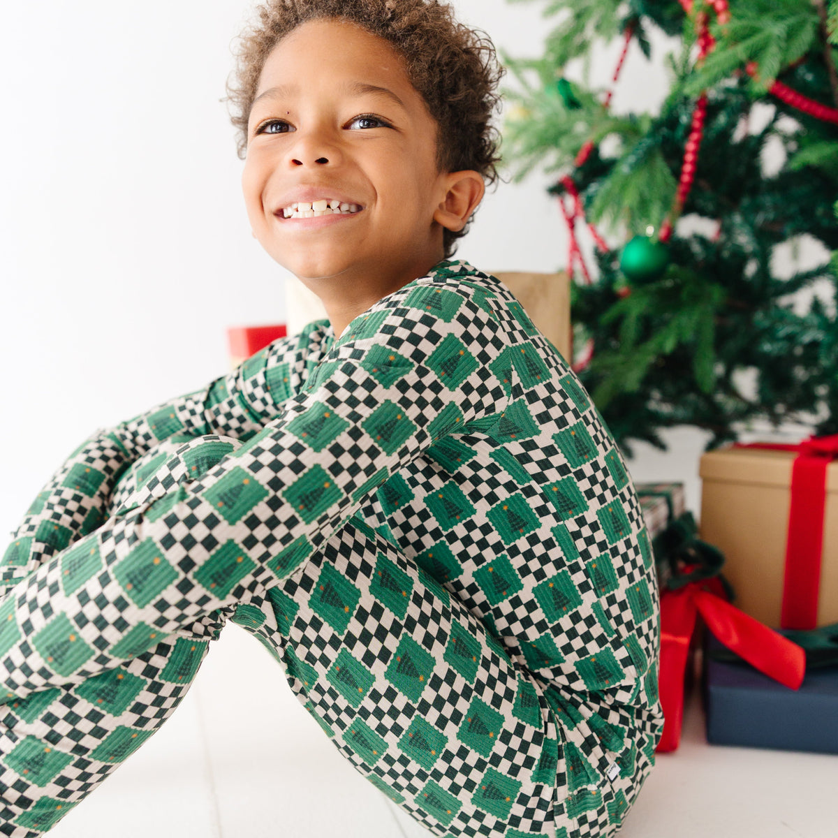 Checkered Christmas Trees Small Ribbed Two-Piece Set