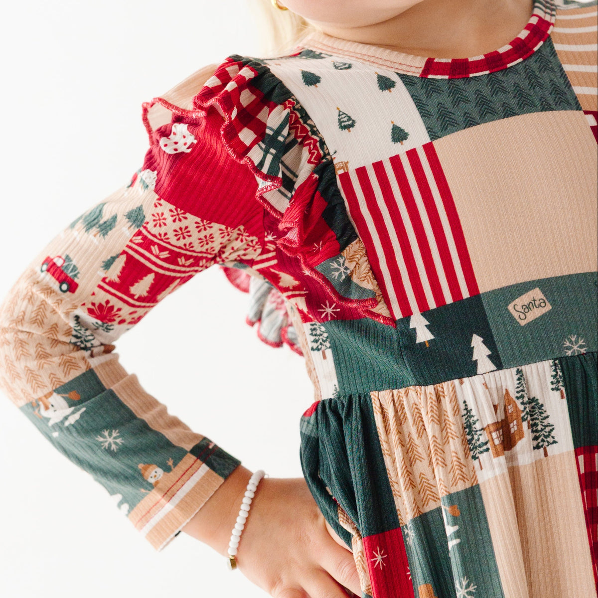 Patchwork Small Ribbed Ruffle Long Sleeve Dress