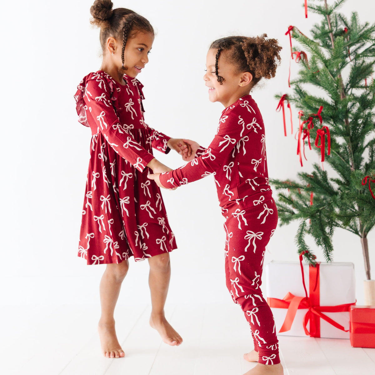 Coquette Bows Red Small Ribbed Ruffle Long Sleeve Dress