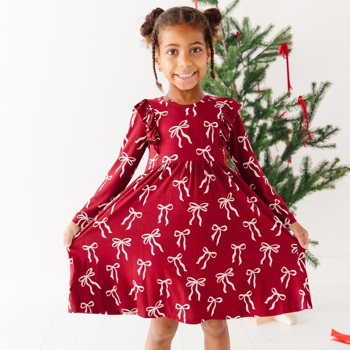 Coquette Bows Red Small Ribbed Ruffle Long Sleeve Dress