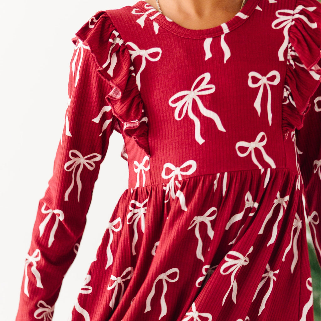 Coquette Bows Red Small Ribbed Ruffle Long Sleeve Dress