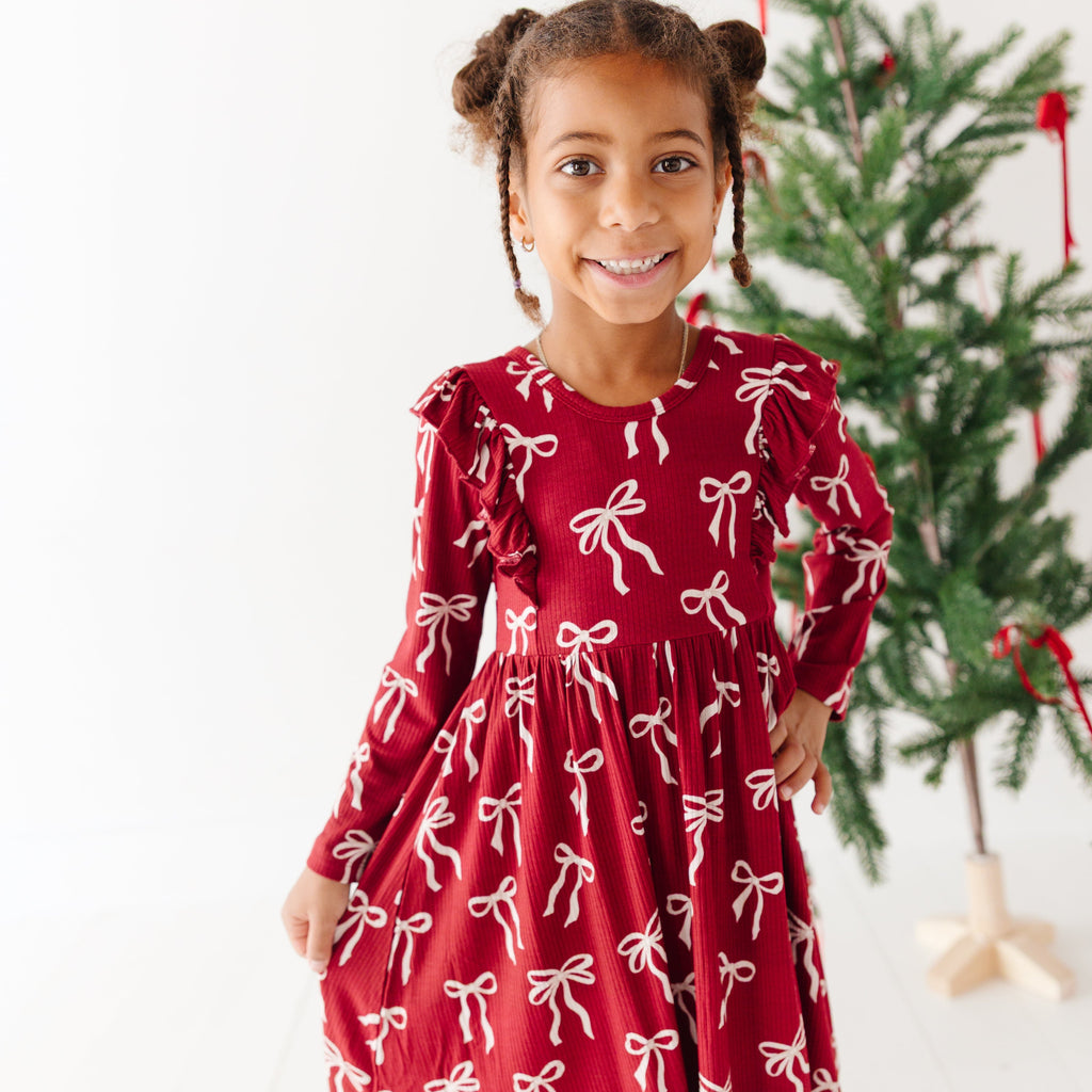 Coquette Bows Red Small Ribbed Ruffle Long Sleeve Dress