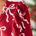Coquette Bows Red Small Ribbed Ruffle Long Sleeve Dress