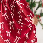 Coquette Bows Red Small Ribbed Ruffle Long Sleeve Dress