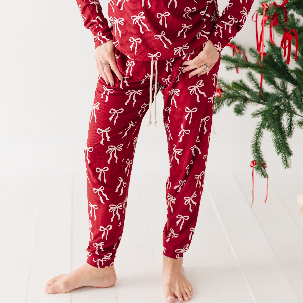 Coquette Bows Red Small Ribbed Women's Pants
