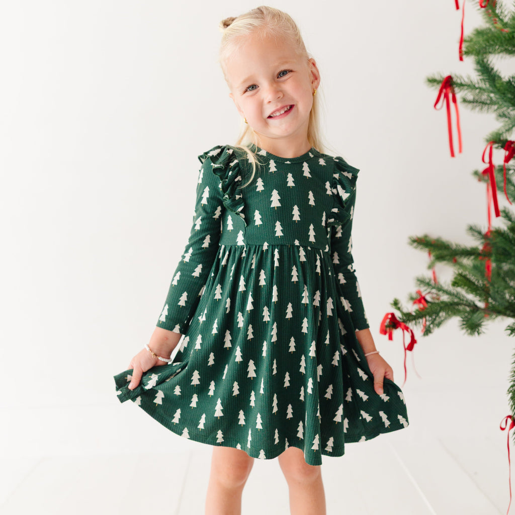 Christmas Trees Small Ribbed Ruffle Long Sleeve Dress