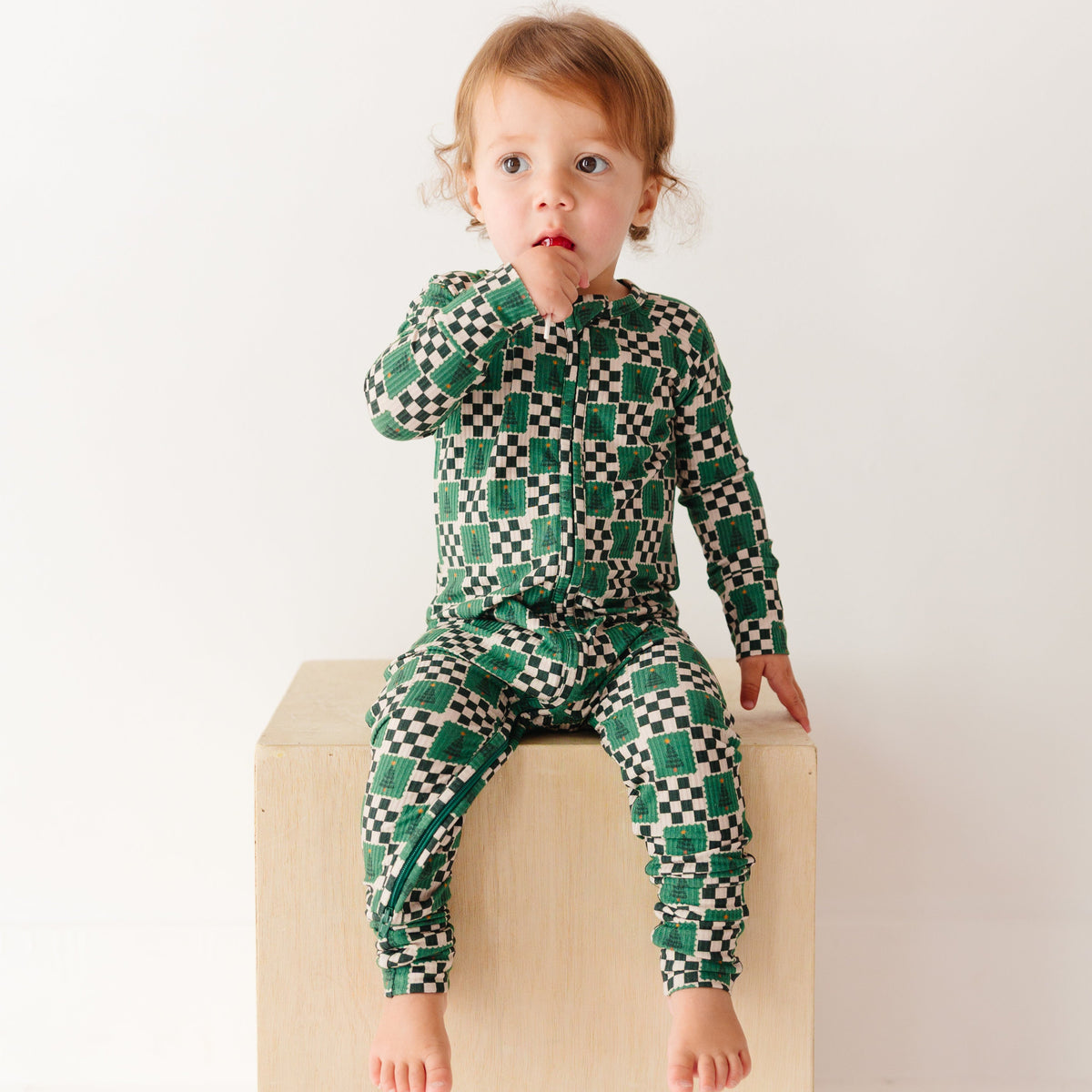Checkered Christmas Trees Small Ribbed Zip Romper