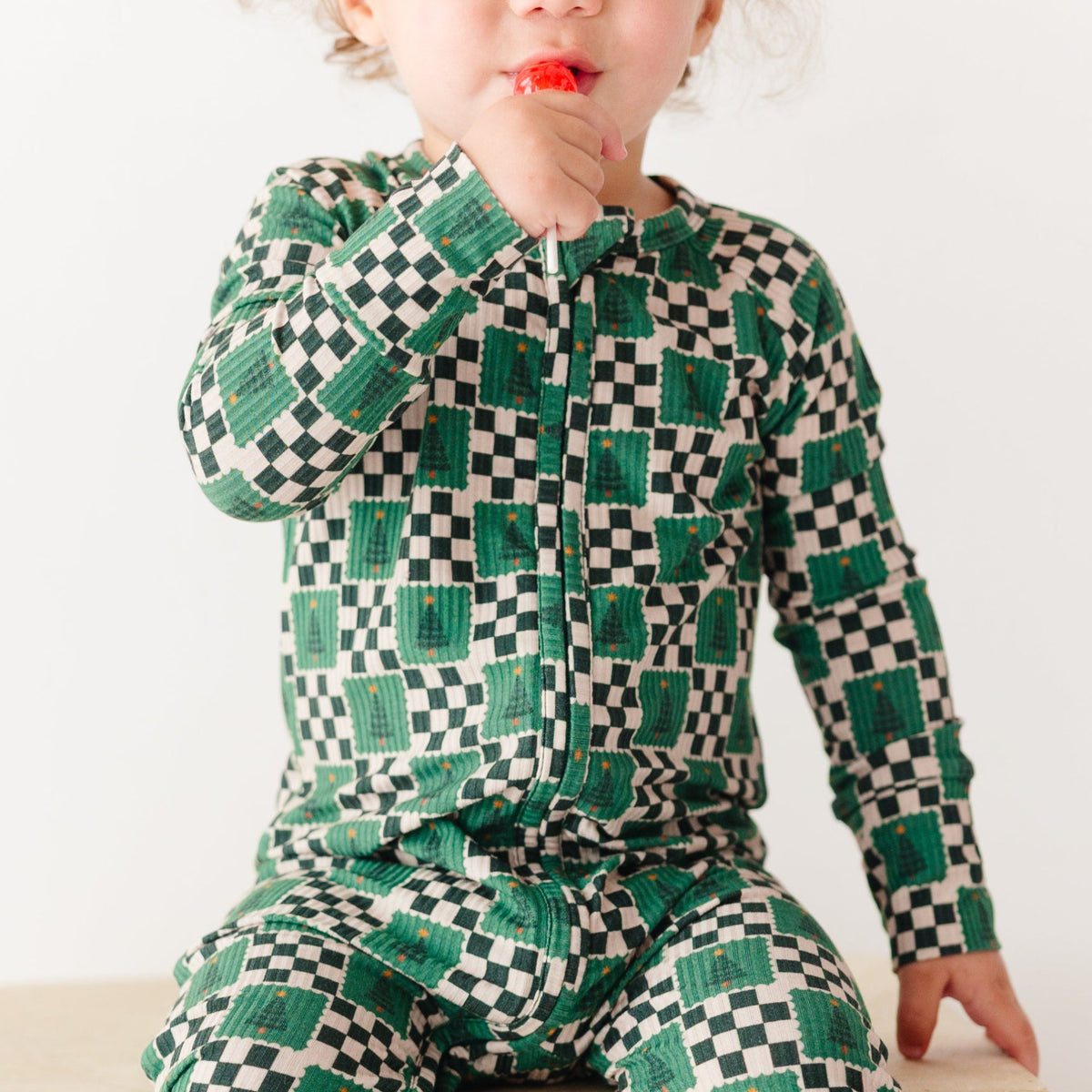 Checkered Christmas Trees Small Ribbed Zip Romper