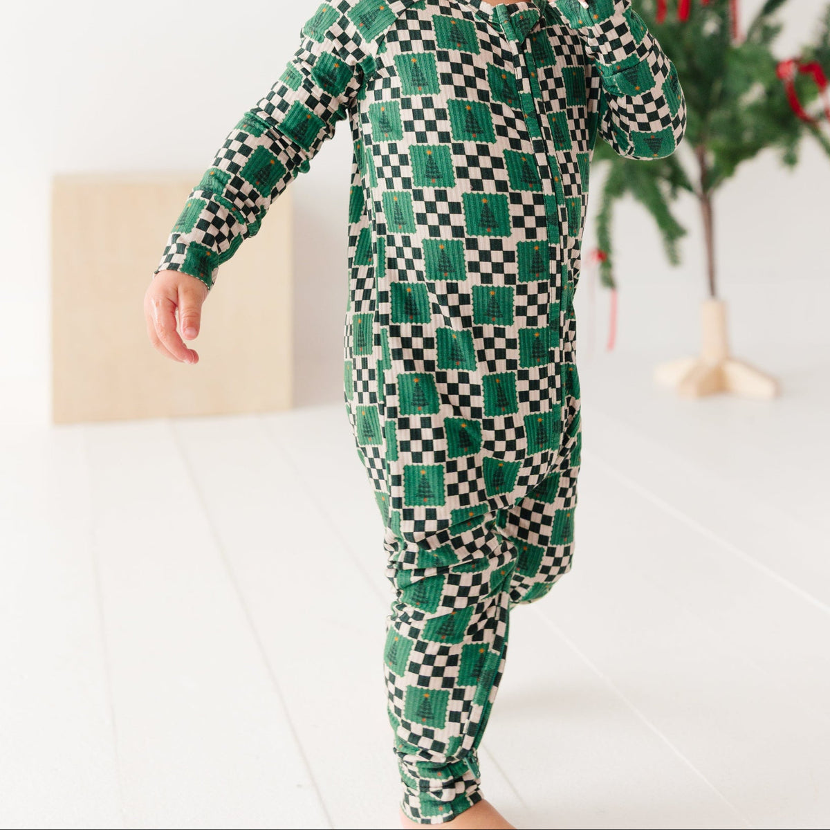 Checkered Christmas Trees Small Ribbed Zip Romper