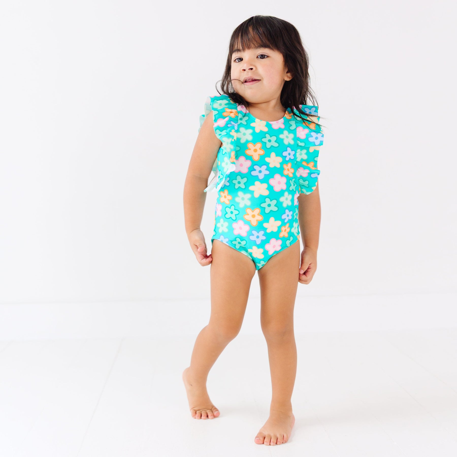 Bright Turquoise Daisies Ruffle Sleeves One-Piece Bathing Suit