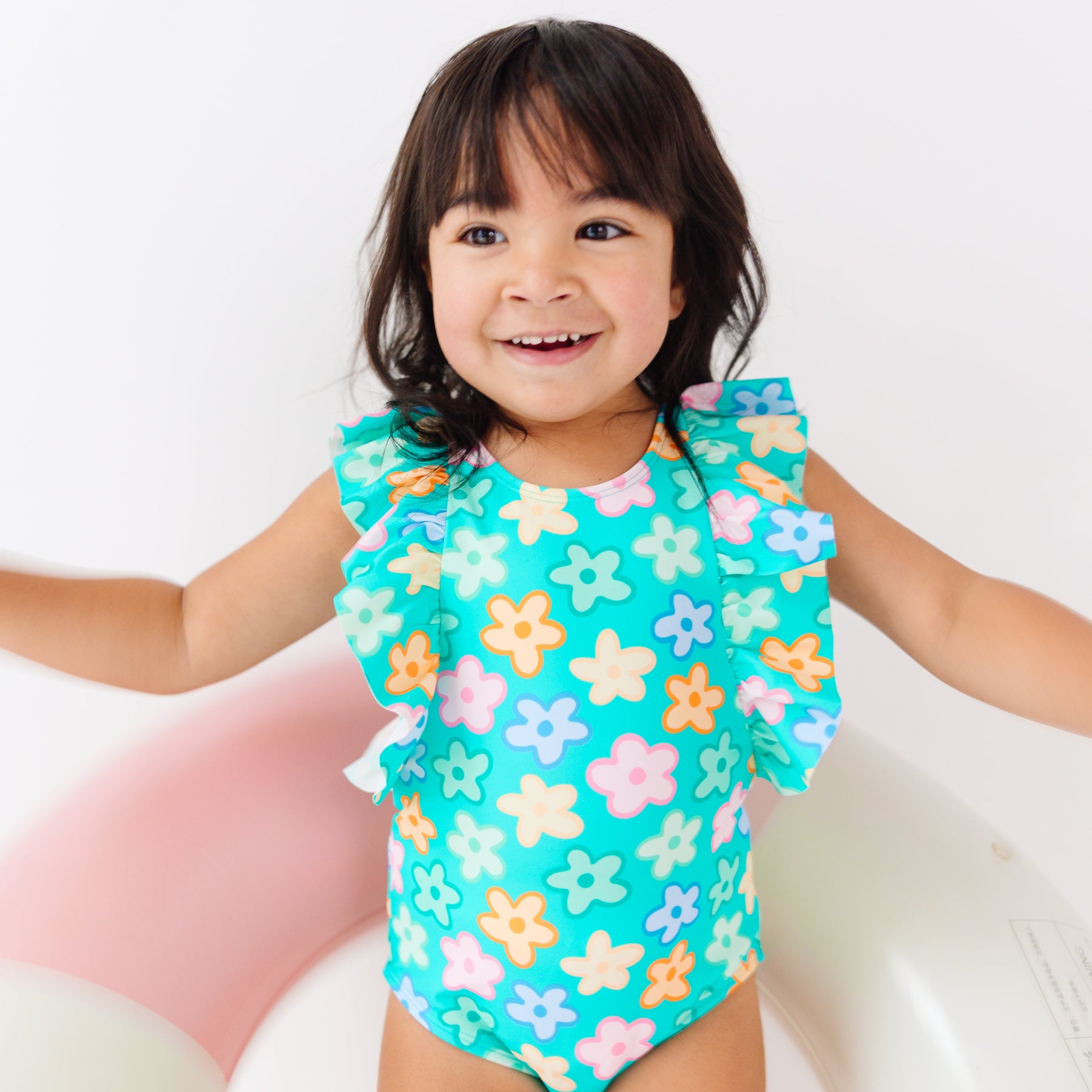 Bright Turquoise Daisies Ruffle Sleeves One-Piece Bathing Suit