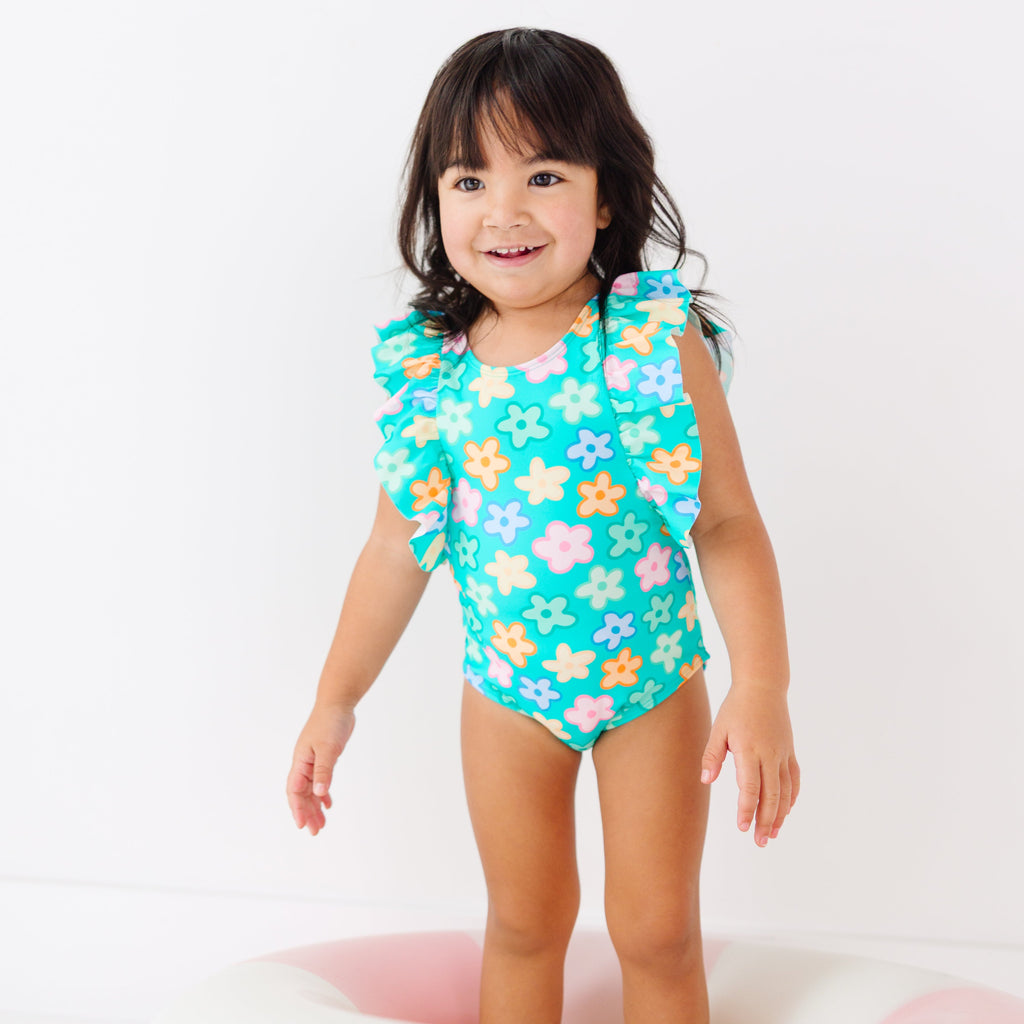Bright Turquoise Daisies Ruffle Sleeves One-Piece Bathing Suit