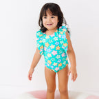 Bright Turquoise Daisies Ruffle Sleeves One-Piece Bathing Suit