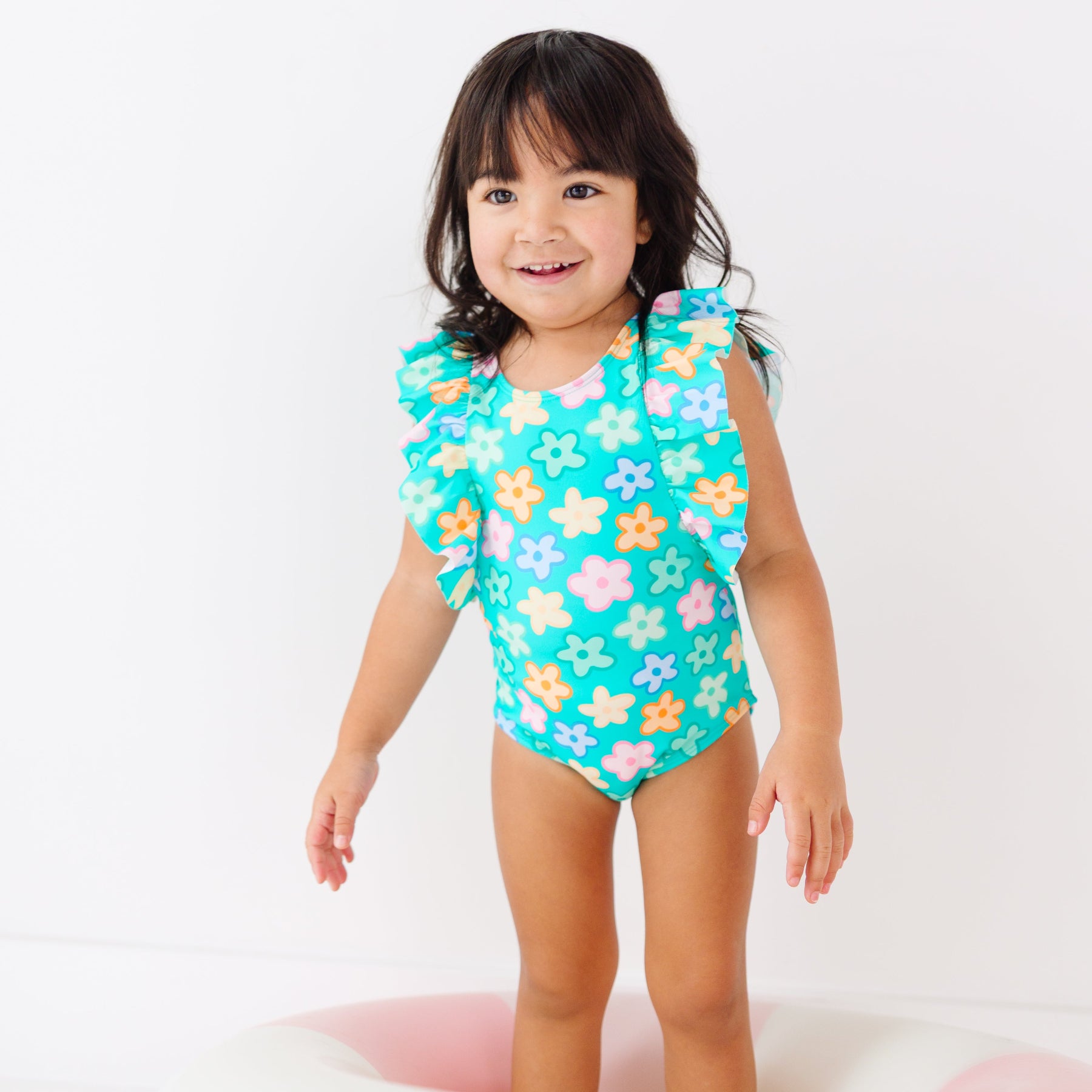 Bright Turquoise Daisies Ruffle Sleeves One-Piece Bathing Suit