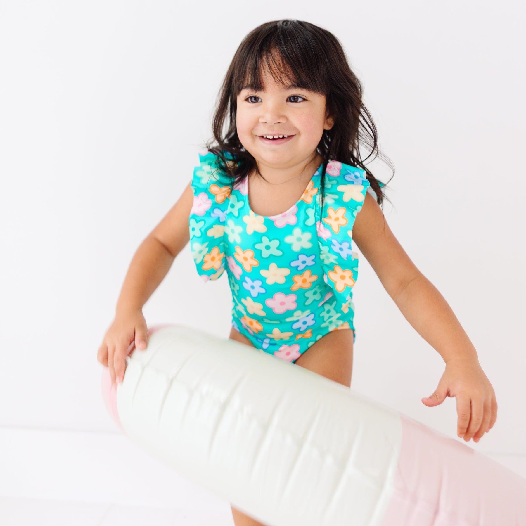 Bright Turquoise Daisies Ruffle Sleeves One-Piece Bathing Suit