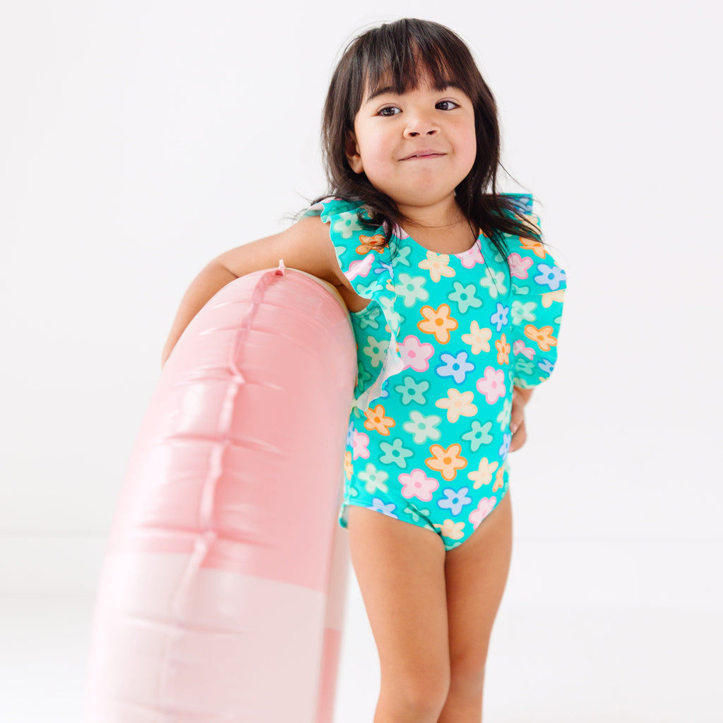 Bright Turquoise Daisies Ruffle Sleeves One-Piece Bathing Suit