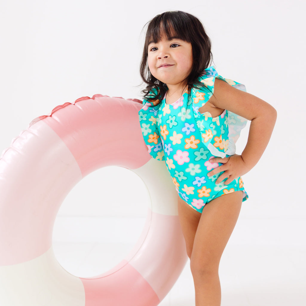Bright Turquoise Daisies Ruffle Sleeves One-Piece Bathing Suit