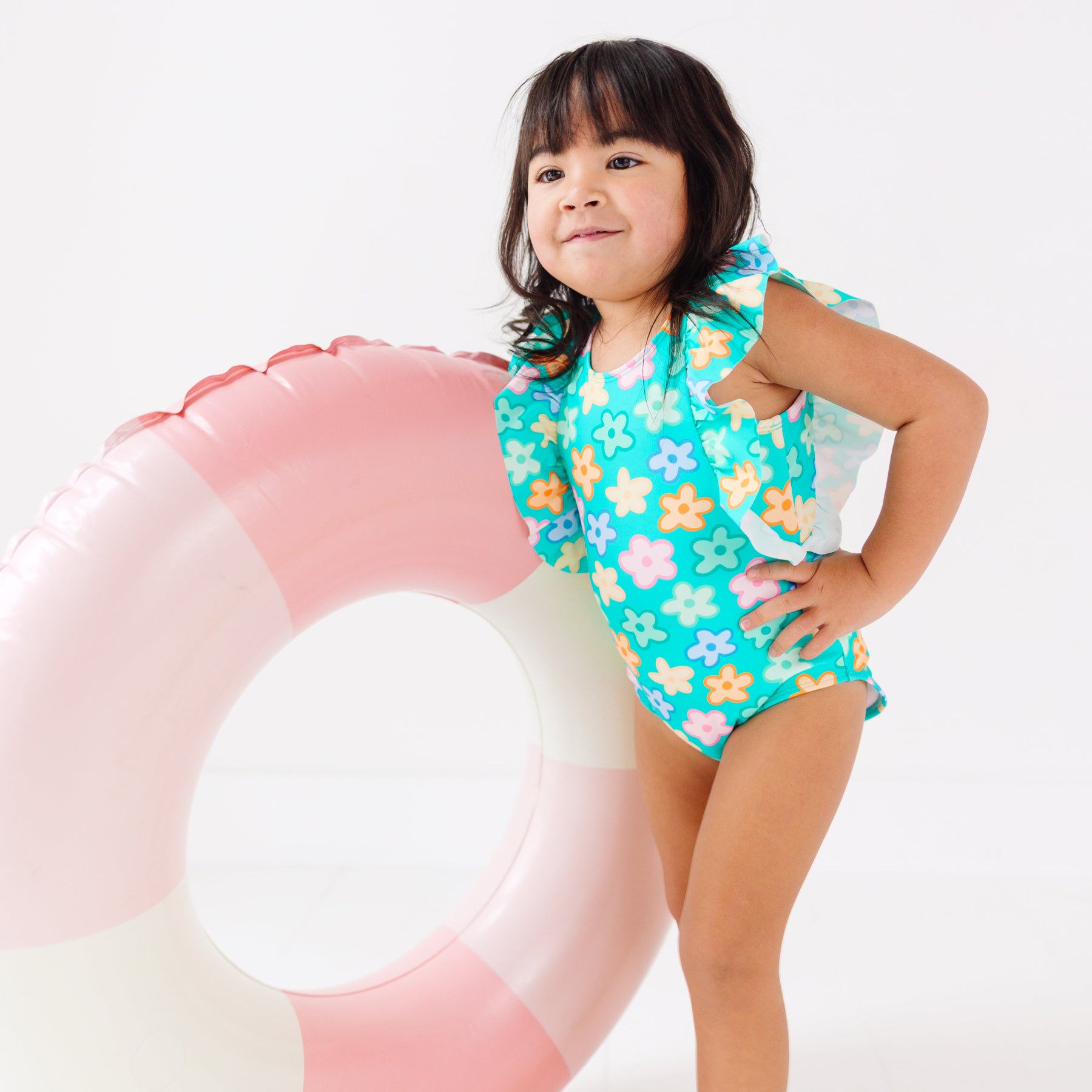 Bright Turquoise Daisies Ruffle Sleeves One-Piece Bathing Suit