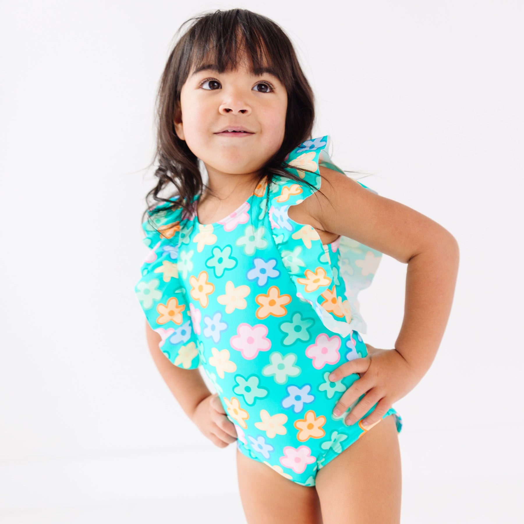 Bright Turquoise Daisies Ruffle Sleeves One-Piece Bathing Suit