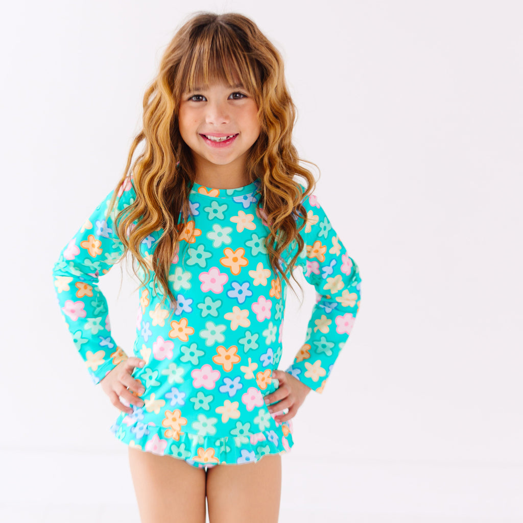 Bright Turquoise Daisies Two-Piece Bathing Suit