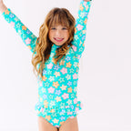 Bright Turquoise Daisies Two-Piece Bathing Suit