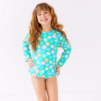 Bright Turquoise Daisies Two-Piece Bathing Suit