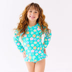 Bright Turquoise Daisies Two-Piece Bathing Suit