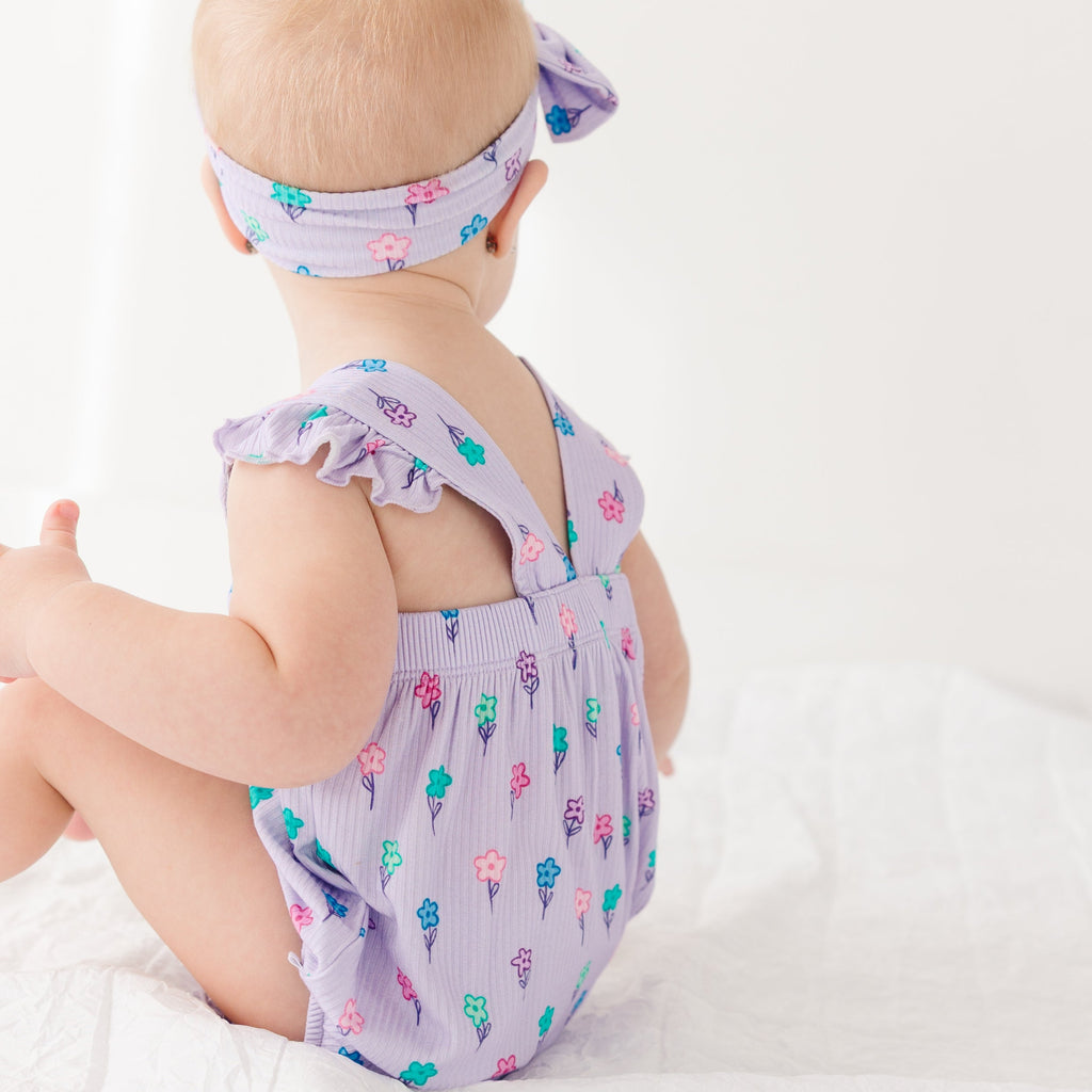 Lilac Daisies Small Ribbed Flutter Sleeve Romper