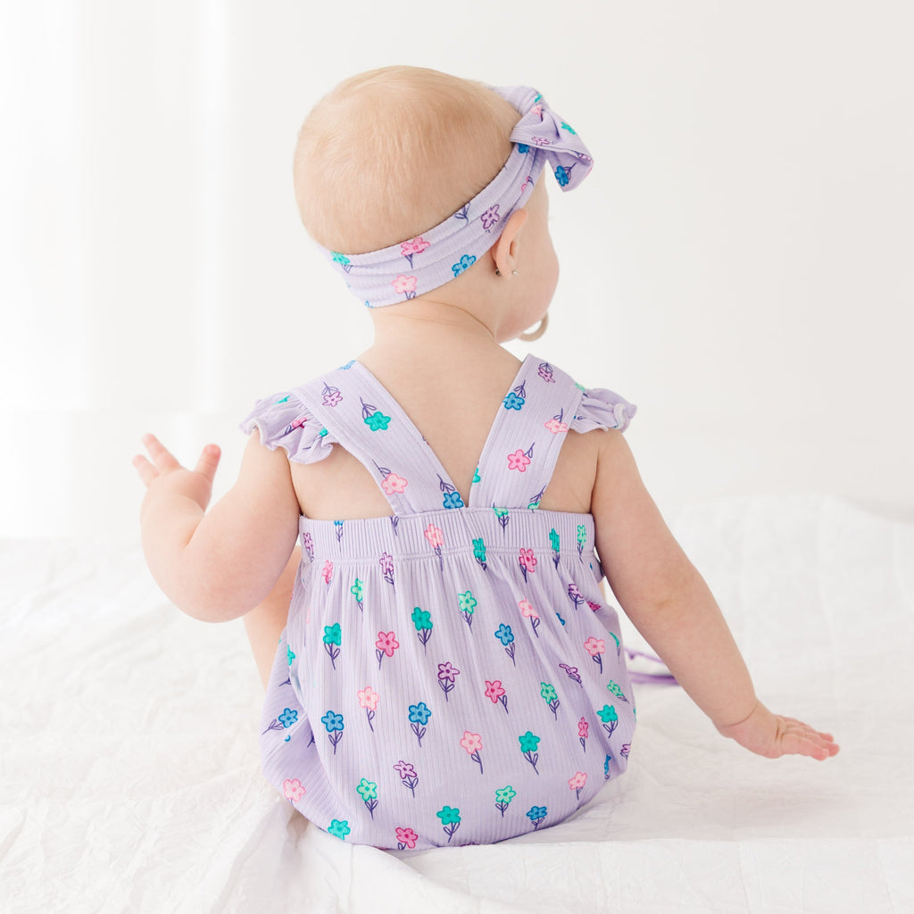 Lilac Daisies Small Ribbed Flutter Sleeve Romper