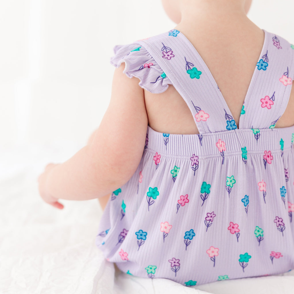 Lilac Daisies Small Ribbed Flutter Sleeve Romper
