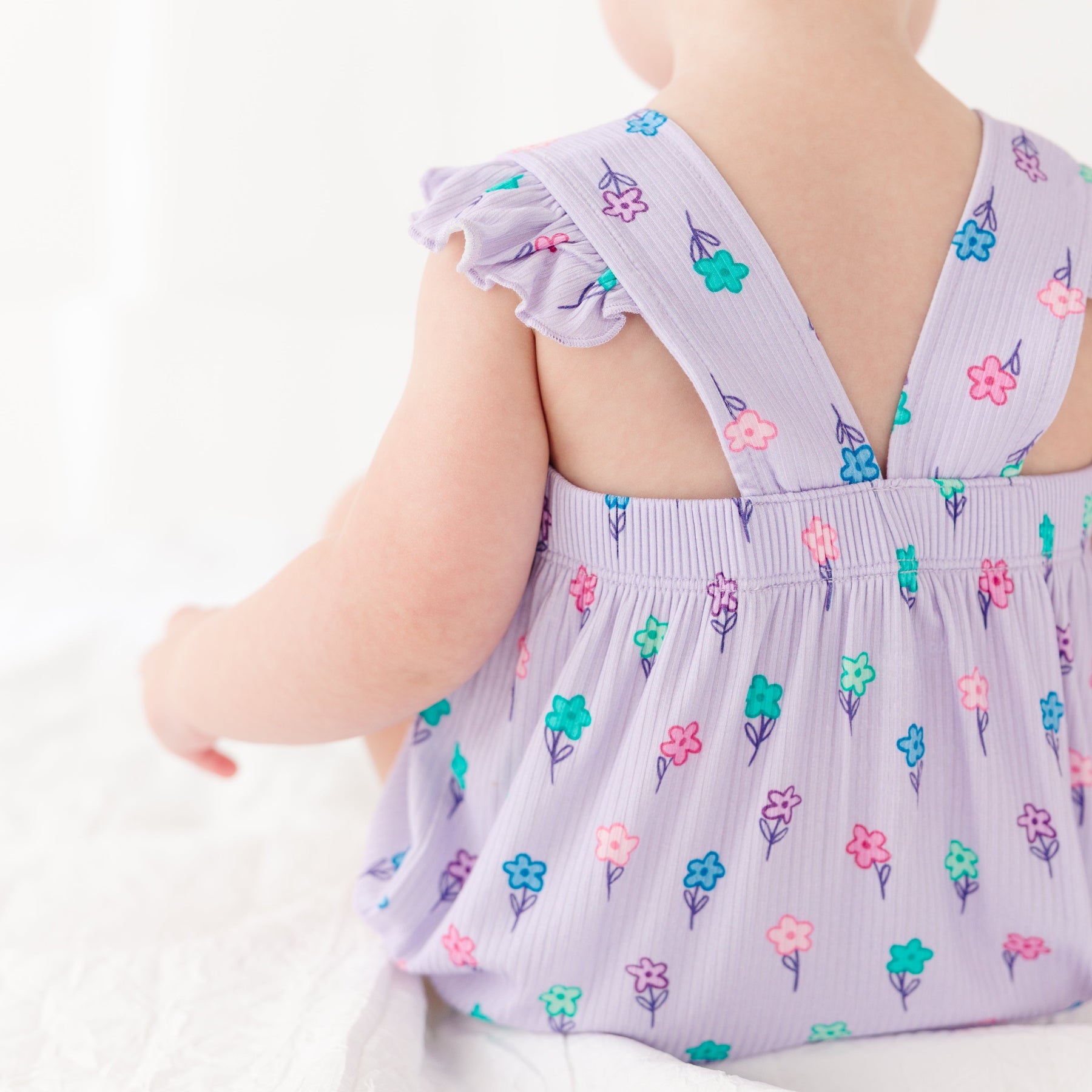 Lilac Daisies Small Ribbed Flutter Sleeve Romper