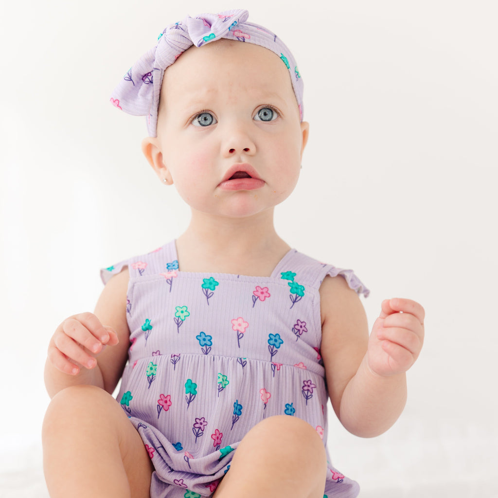 Lilac Daisies Small Ribbed Flutter Sleeve Romper