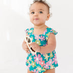 Retro Daisies Small Ribbed Flutter Sleeve Romper