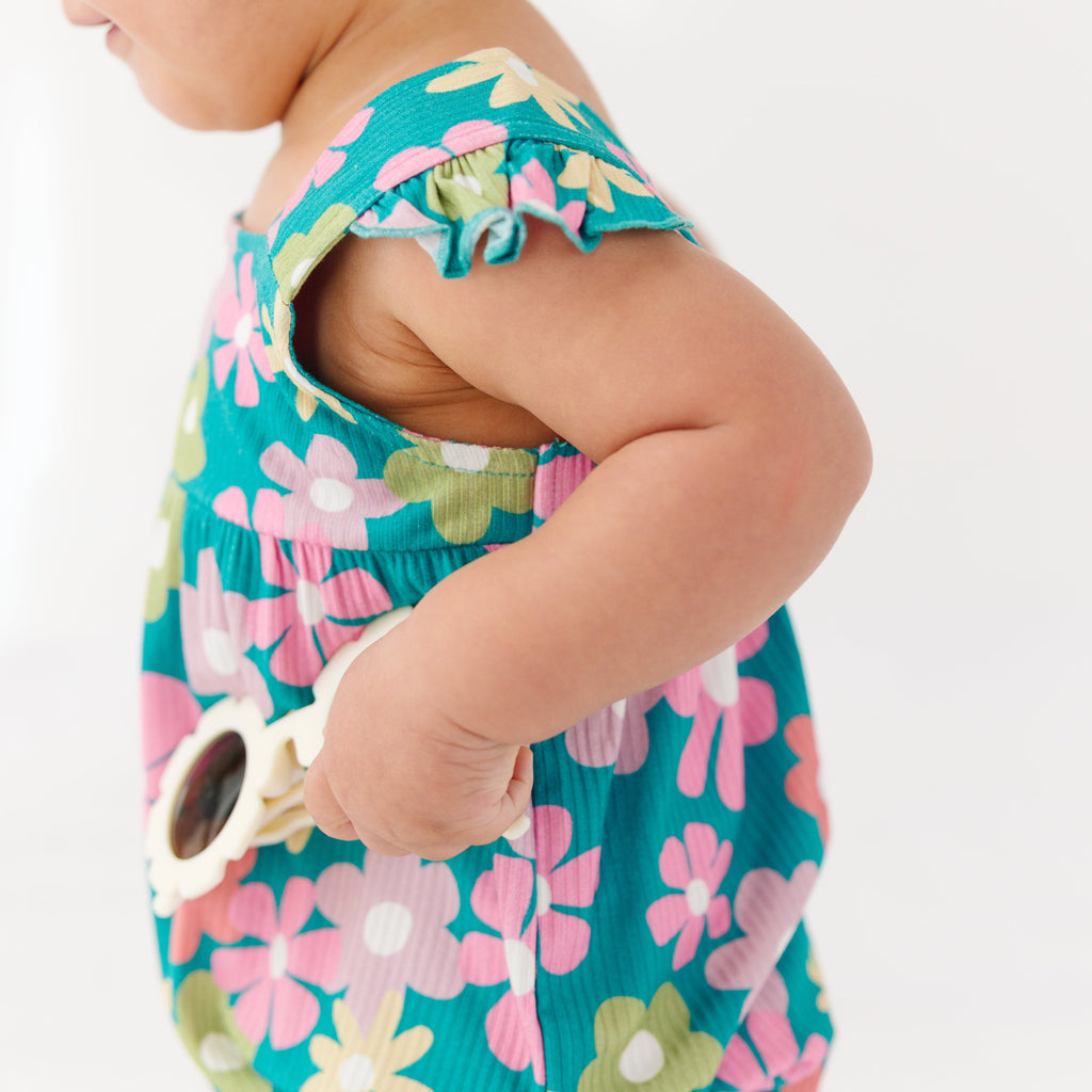 Retro Daisies Small Ribbed Flutter Sleeve Romper