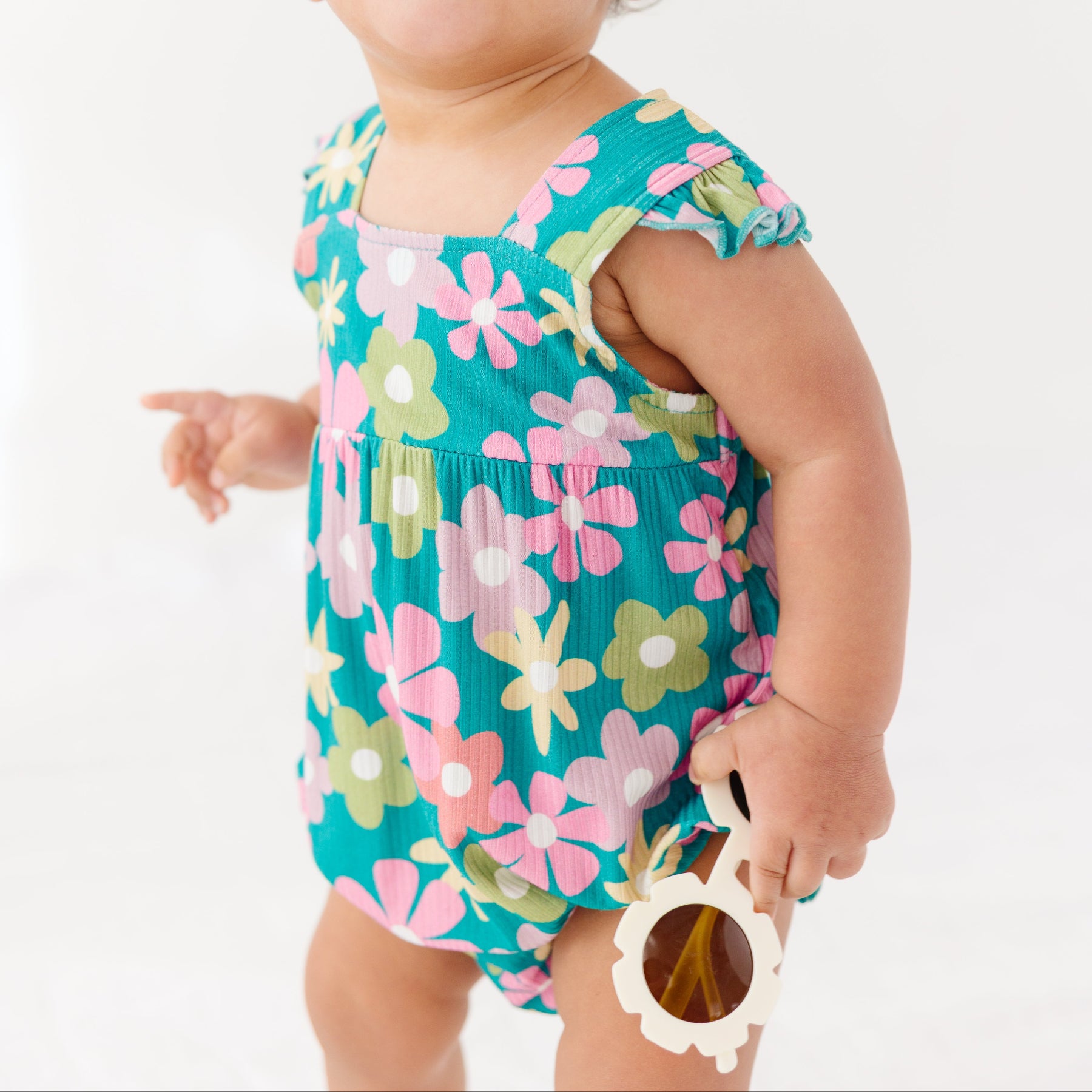 Retro Daisies Small Ribbed Flutter Sleeve Romper