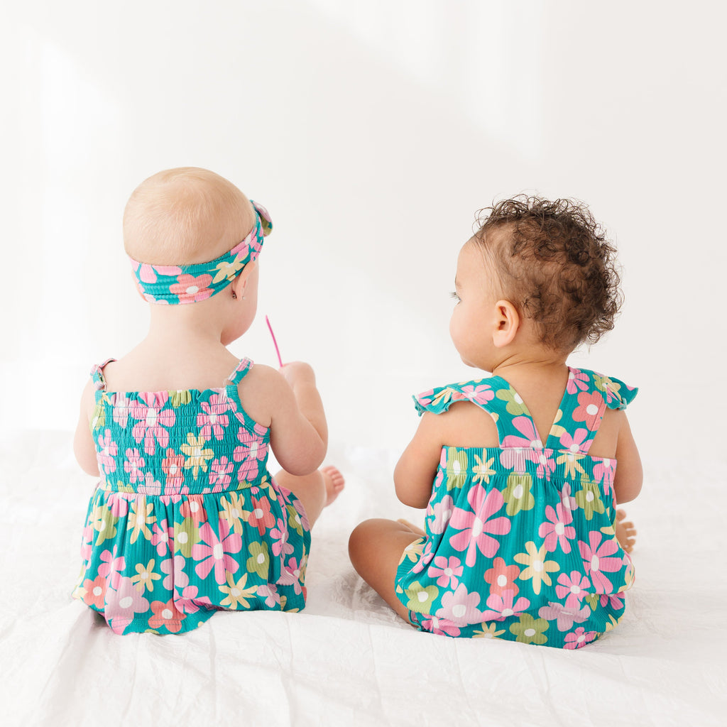Retro Daisies Small Ribbed Flutter Sleeve Romper