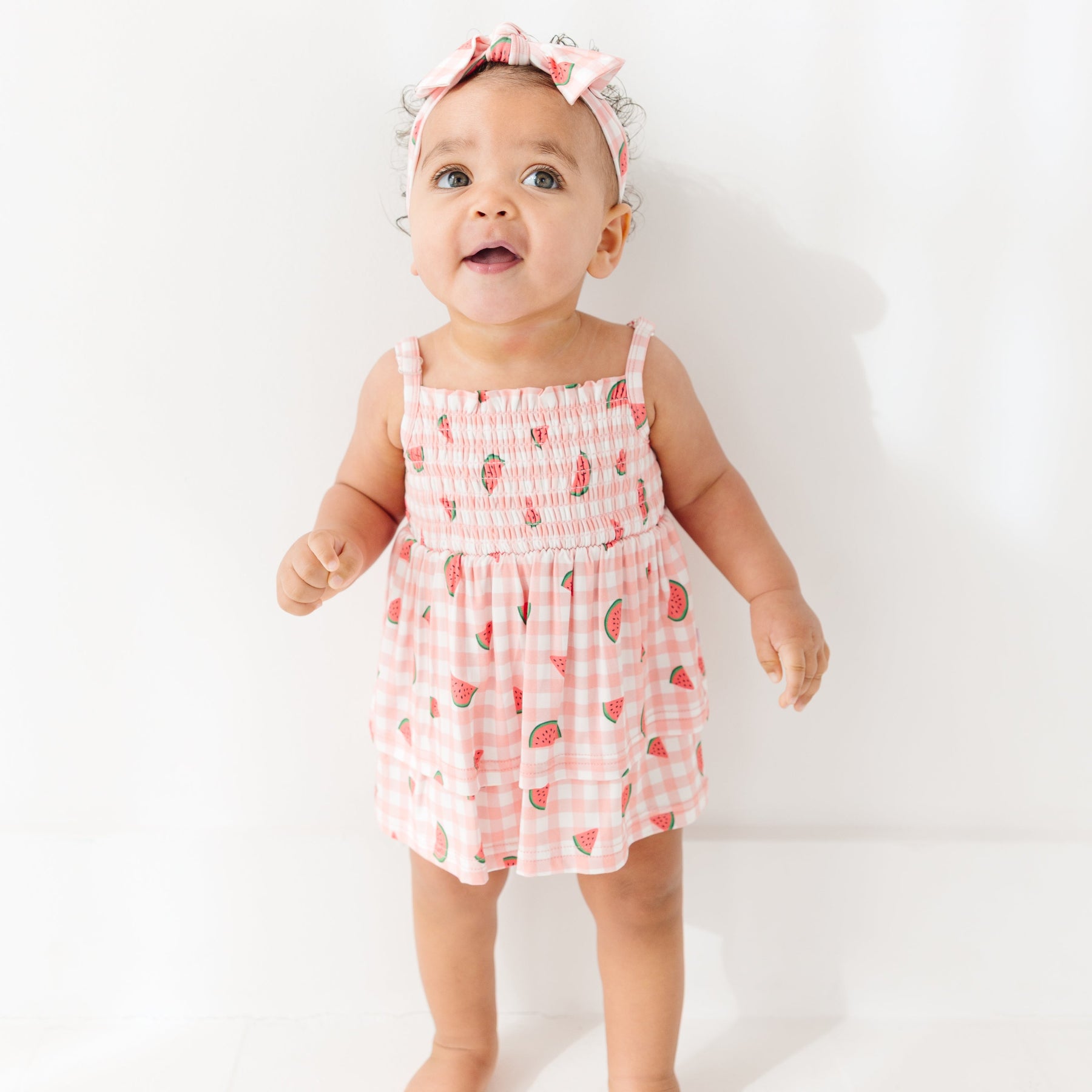 Watermelon Pink Gingham Ruffle Romper