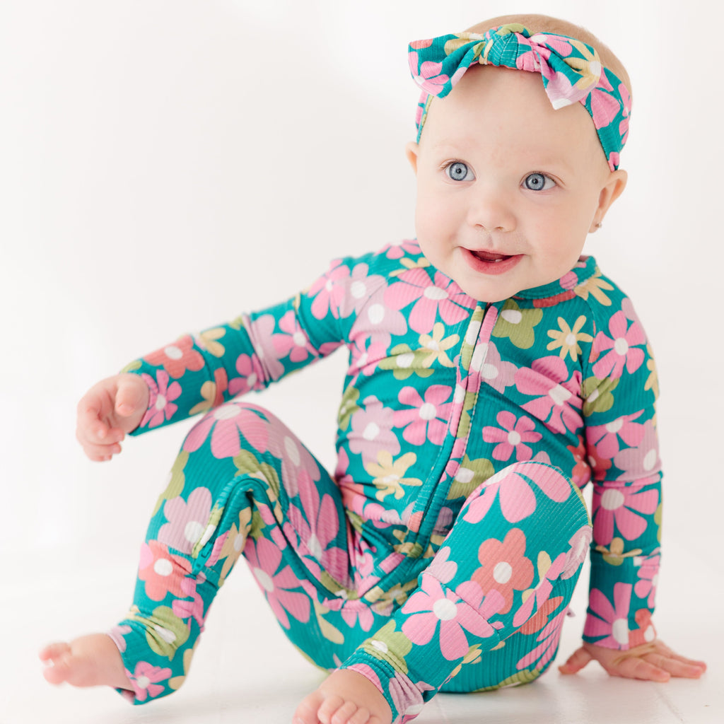 Retro Daisies Small Ribbed Bow