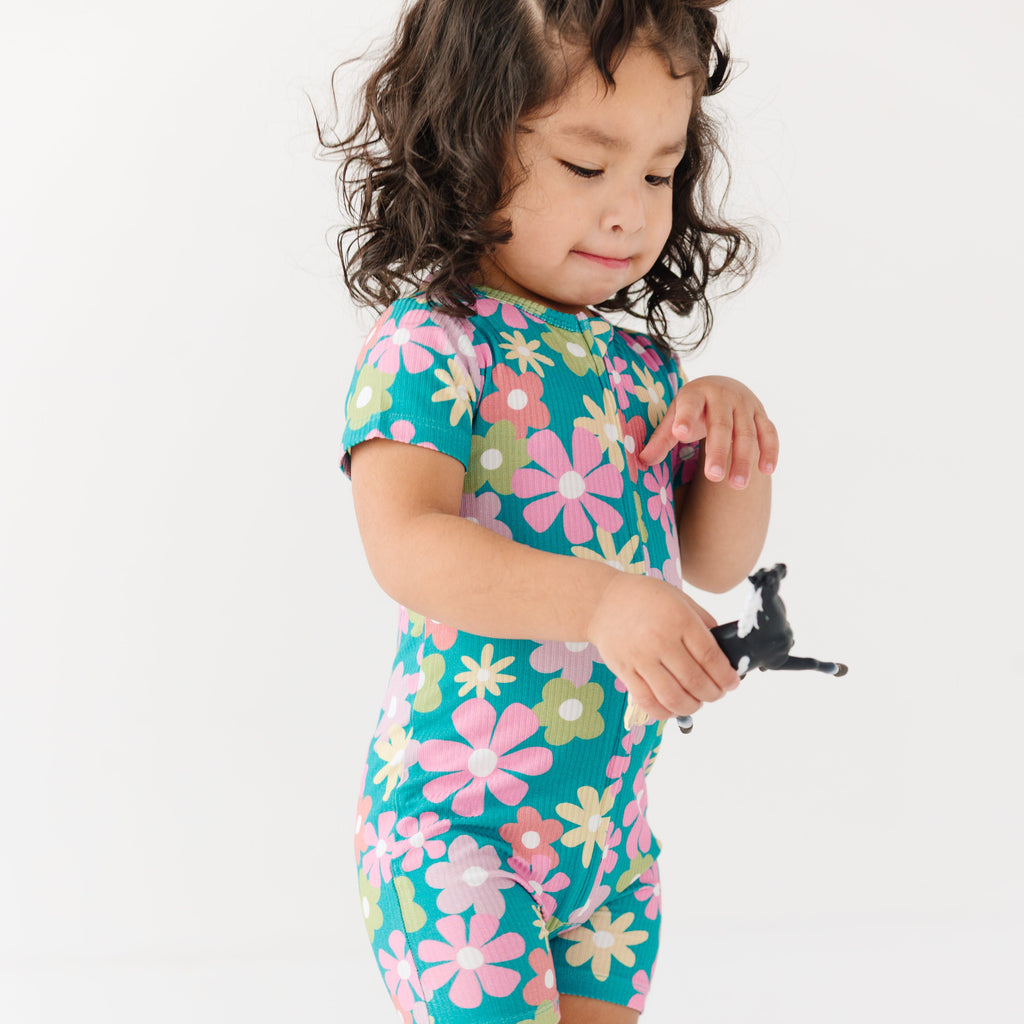 Retro Daisies Small Ribbed Summer Zip Romper